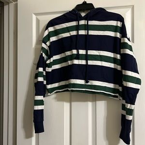 La Hearts cropped hoodie.  Large. Navy blue, white and green stripes.